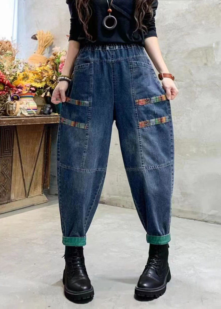 Casual Blue Pockets Patchwork Applique Denim Harem Pants