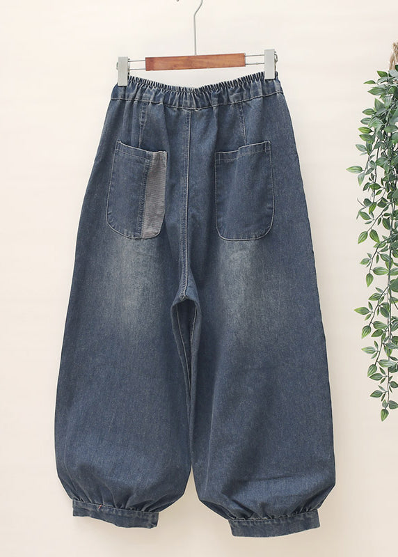 Casual Blue Pockets Patchwork Elastic Waist Denim Harem Pants Spring