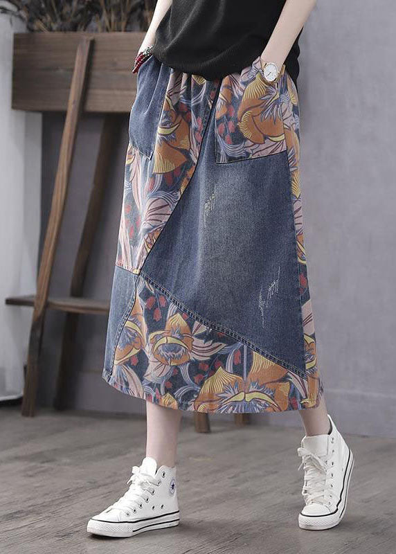 Casual Blue Pockets Print Patchwork Elastic Waist Denim Skirt Spring