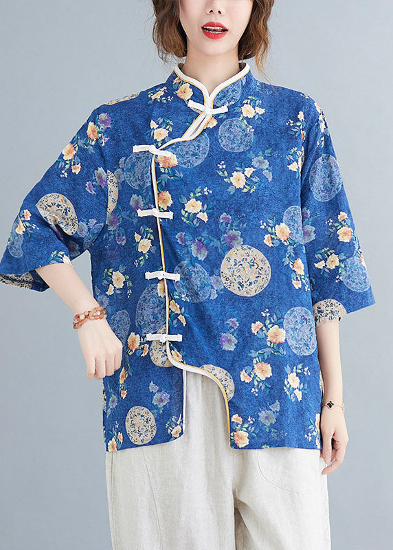 Casual Blue Stand Collar Button Print asymmetrical design Fall Blouses Half Sleeve