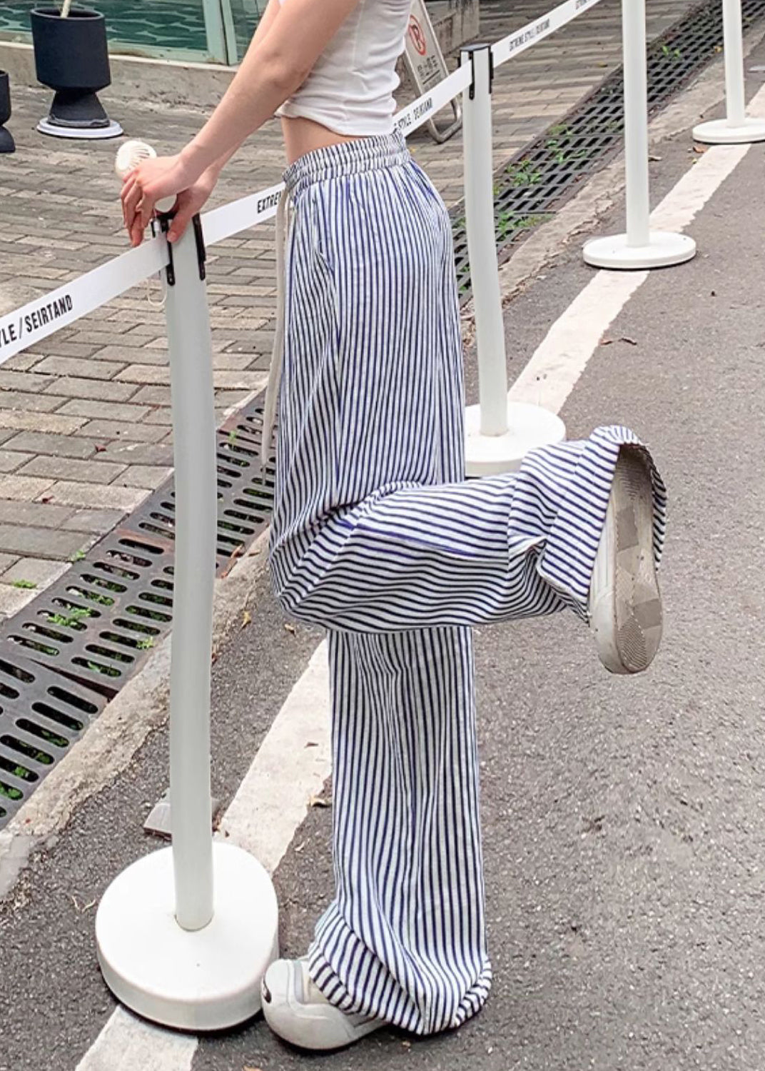 Casual Blue Striped Elastic Waist Cotton Wide Leg Pants Summer