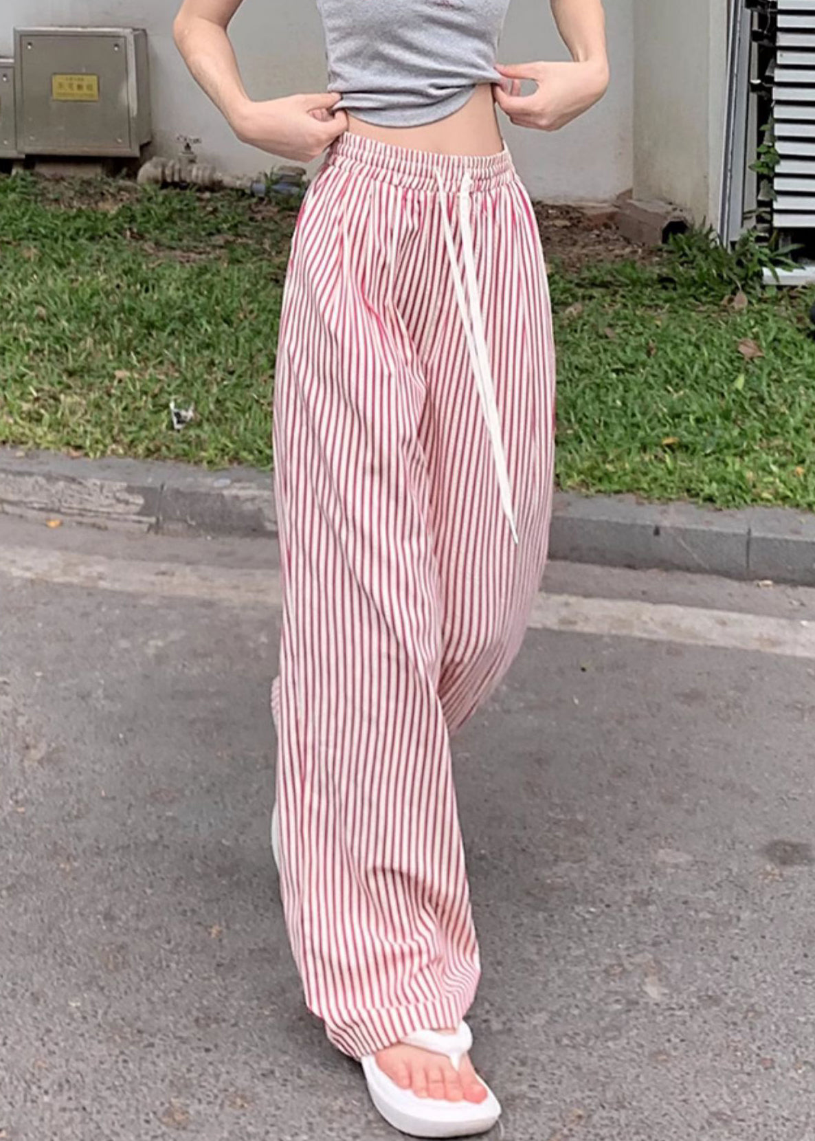 Casual Blue Striped Elastic Waist Cotton Wide Leg Pants Summer