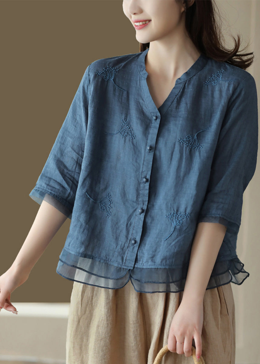 Casual Blue V Neck Embroideried Solid Ramie Shirt Half Sleeve