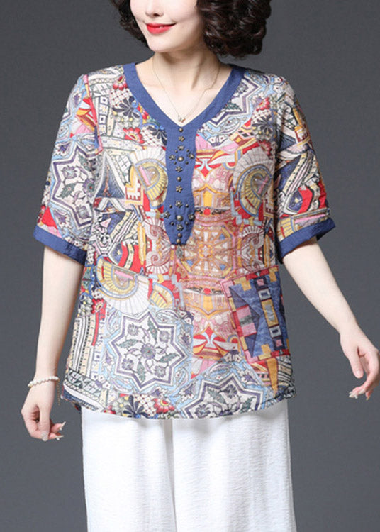 Casual Blue V Neck Print Cotton Shirts Short Sleeve