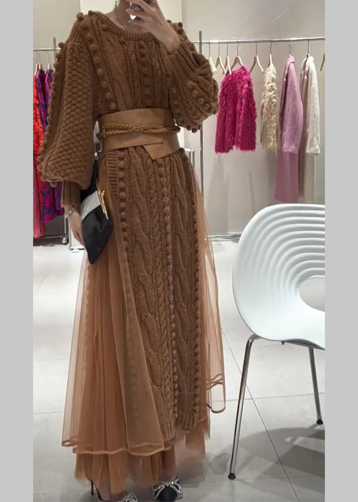 Casual Brown O-Neck Tie Waist Tulle Patchwork Knit Long Dress Fall