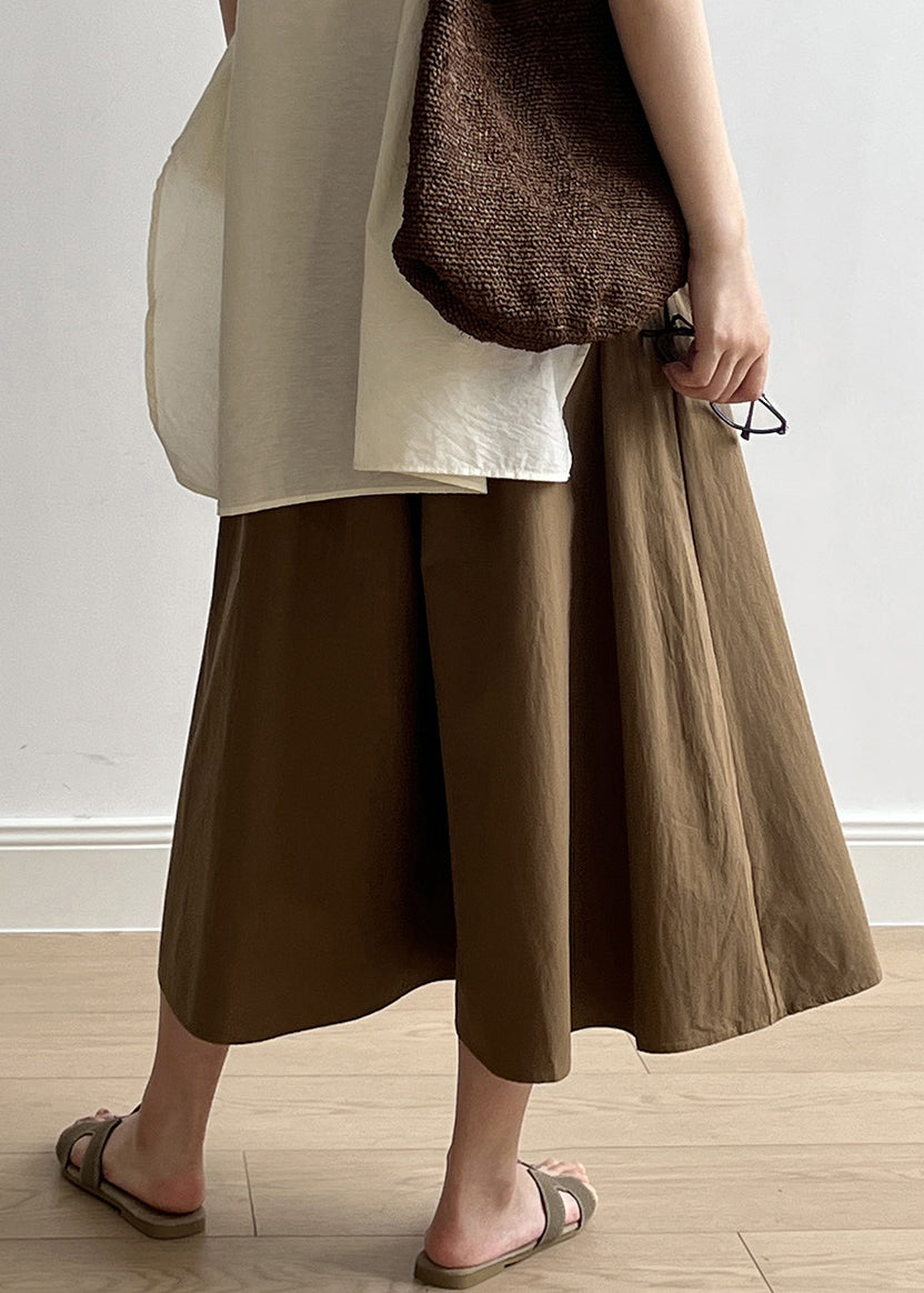 Casual Brown Pockets Elastic Waist Cotton Crop Wide Leg Pants Summer