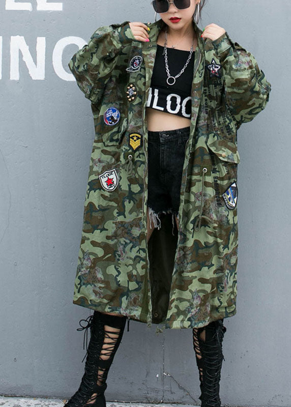 Casual Camouflage Rivet Print Pockets Fall Denim Long Sleeve Trench coats Coat