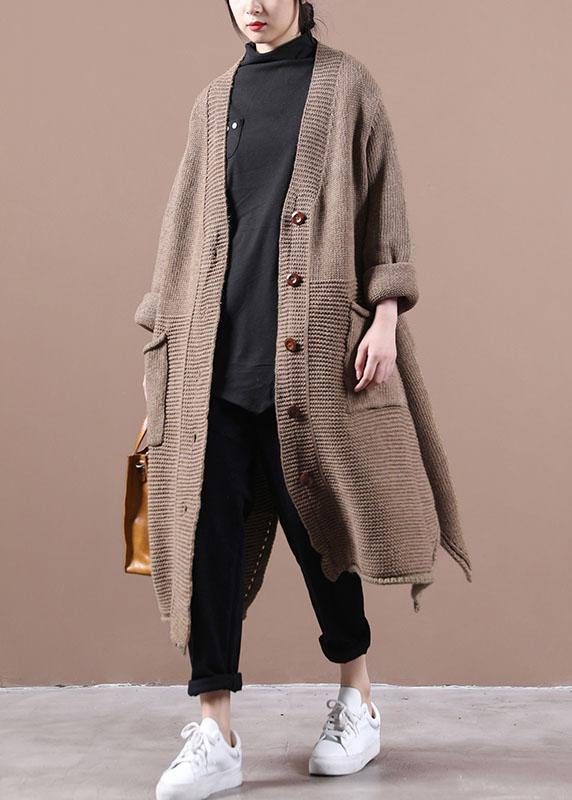 Casual Chocolate V Neck Pockets Fall Long Sweater Coat