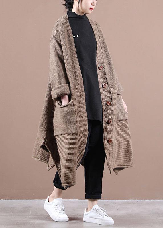 Casual Chocolate V Neck Pockets Fall Long Sweater Coat