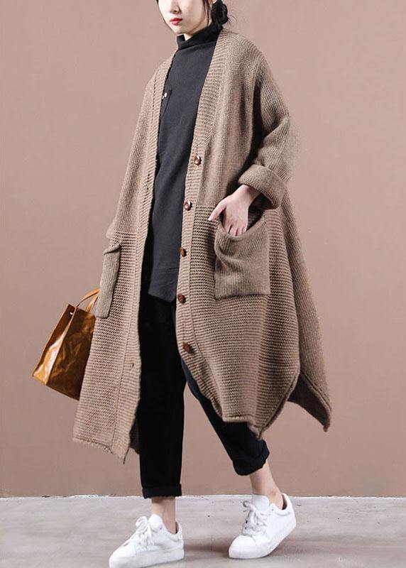 Casual Chocolate V Neck Pockets Fall Long Sweater Coat