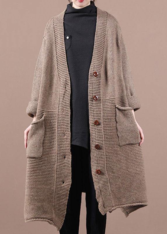 Casual Chocolate V Neck Pockets Fall Long Sweater Coat