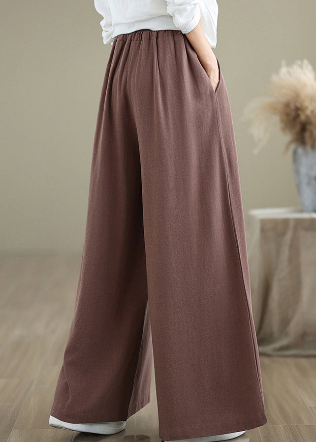 Casual Coffee Pockets Drawstring Cotton Wide Leg Pants Fall