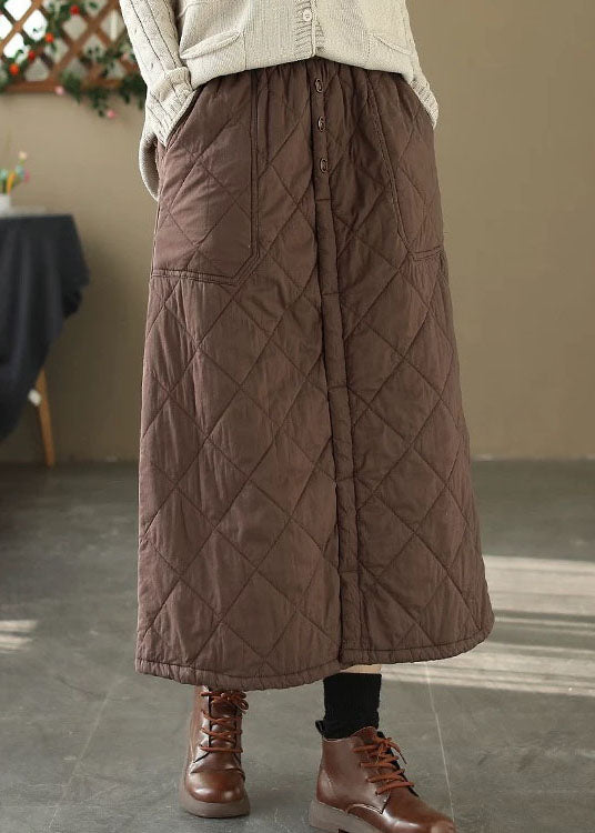 Casual Coffee Pockets Elastic Waist Fine Cotton Filled Skirt Winter