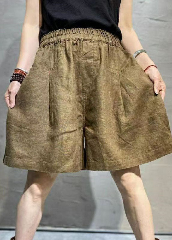 Casual Coffee Pockets Patchwork Linen Hot Pants Summer