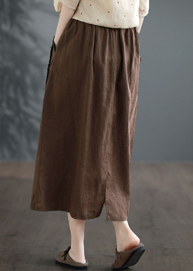 Casual Coffee Ruffled Pockets Patchwork Linen Skirts Summer