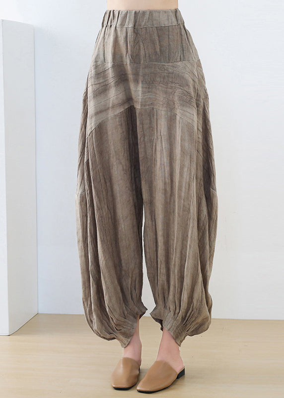 Casual Coffee Tie Dye Wrinkled Linen Lantern Pants Fall