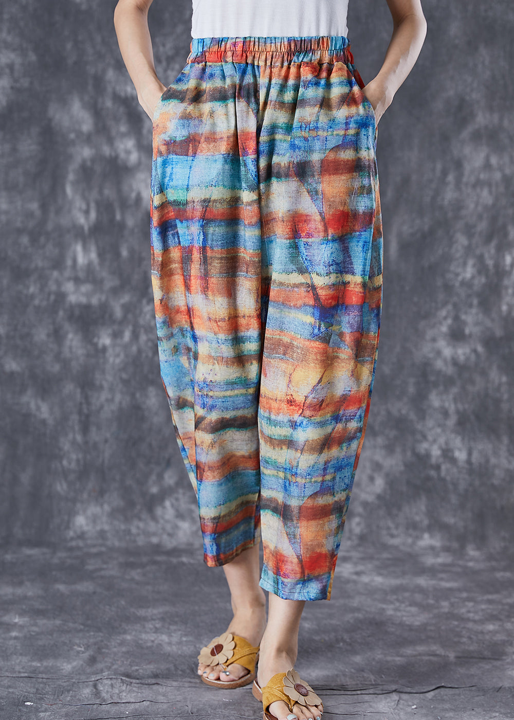 Casual Colorblock Elastic Waist Tie Dye Linen Pants Summer