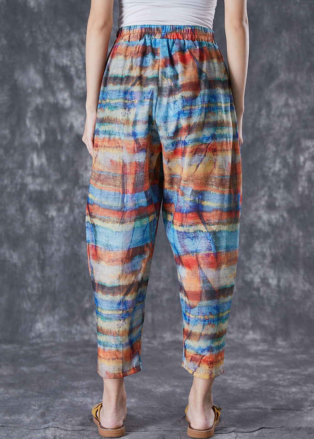 Casual Colorblock Elastic Waist Tie Dye Linen Pants Summer