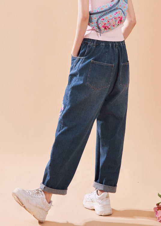 Casual Denim Blue Embroideried Floral Button Pockets Zippered Wide Leg Pants Summer