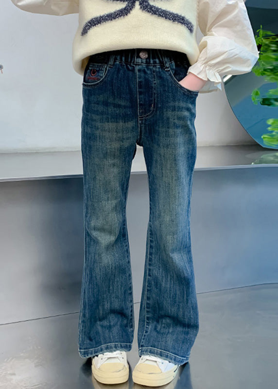 Casual Denim Navy Pockets Patchwork Kids Flared Pants Spring