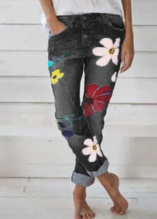 Casual Flower Print Button Denim Long Jeans For Women