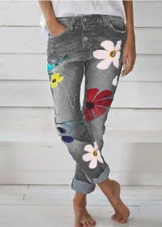 Casual Flower Print Button Denim Long Jeans For Women