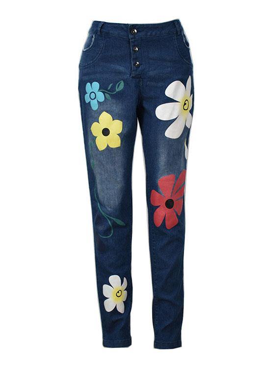 Casual Flower Print Button Denim Long Jeans For Women