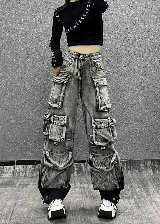 Casual Gray Black Multi Pocket Denim Pants Autumn