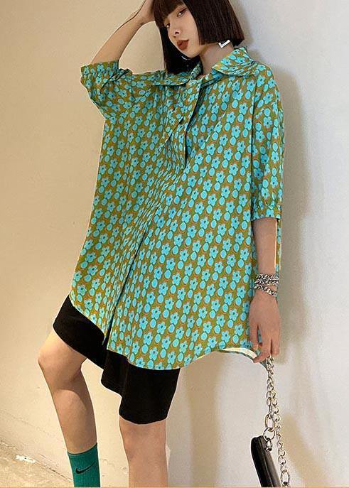 Casual Green Print Button Short Sleeve Cotton Top