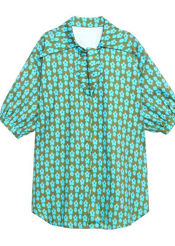 Casual Green Print Button Short Sleeve Cotton Top