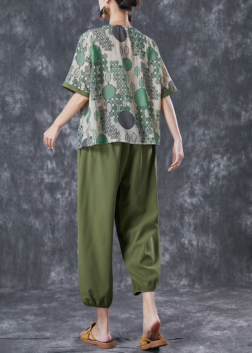 Casual Green Print Chinese Button Cotton Two Pieces Set Summer