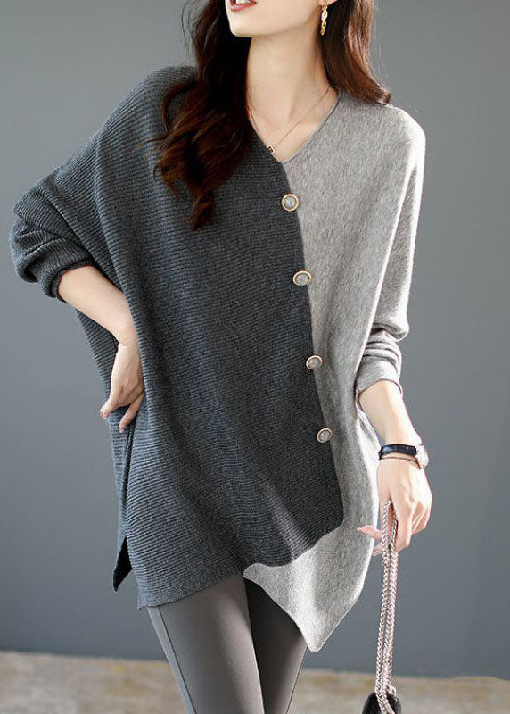 Casual Grey Asymmetrical Patchwork Knit Shirt Winter