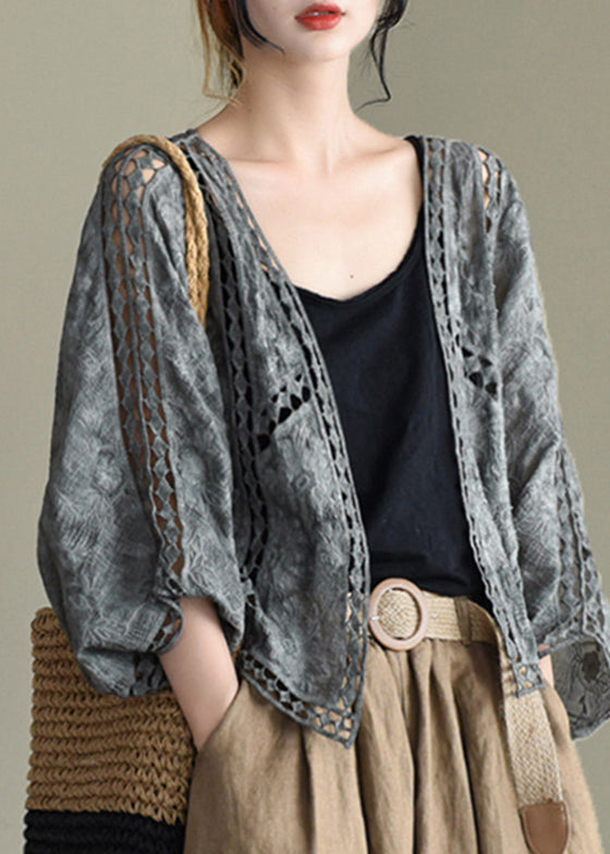 Casual Grey Black Hollow Out Embroideried Cardigans Batwing Sleeve