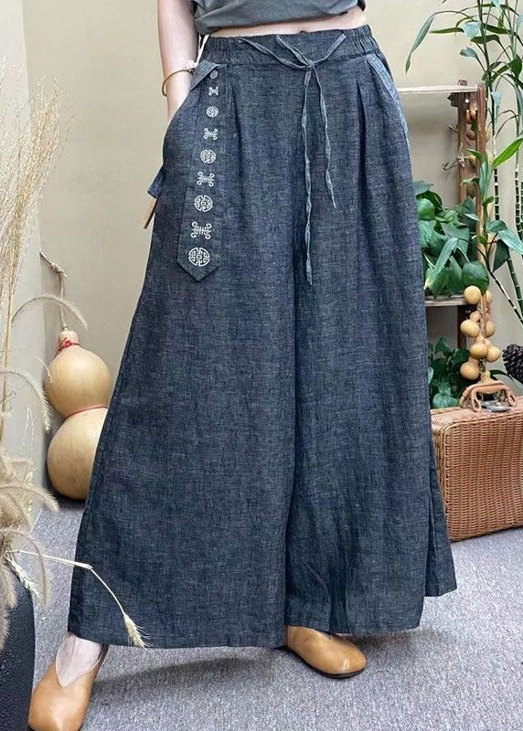 Casual Grey Elastic Waist Drawstring Pockets Linen Wide Leg Pants Summer