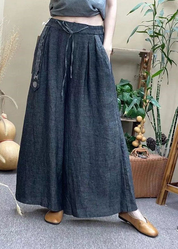 Casual Grey Elastic Waist Drawstring Pockets Linen Wide Leg Pants Summer