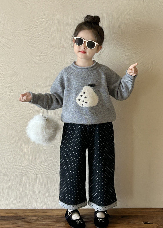 Casual Grey O-Neck Thick Girls Knitted Cotton Sweaters And Pants Two Pieces Set Spring