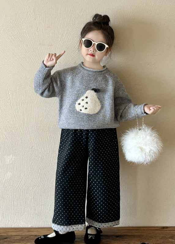 Casual Grey O-Neck Thick Girls Knitted Cotton Sweaters And Pants Two Pieces Set Spring