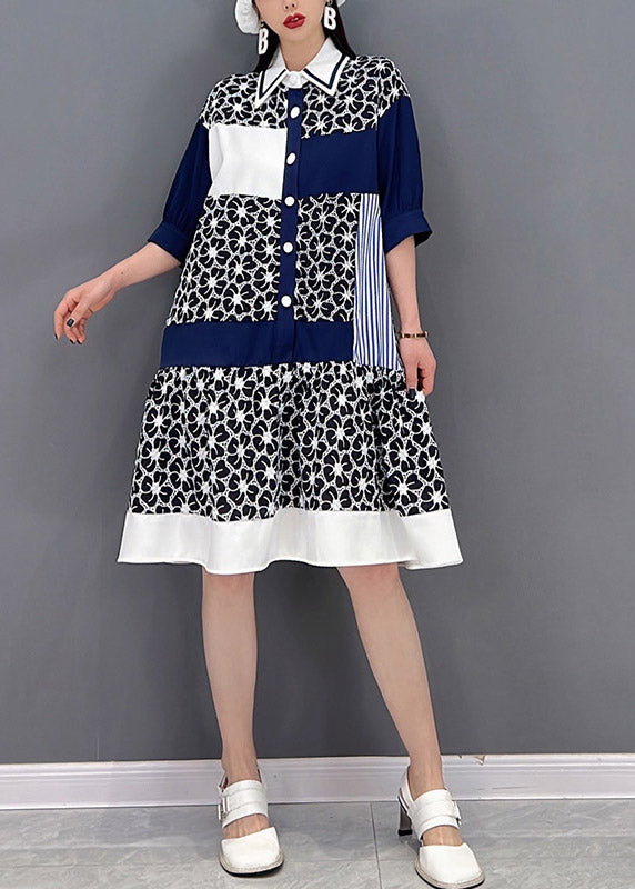 Casual Grey Peter Pan Collar Print Patchwork Button Chiffon Dress Half Sleeve