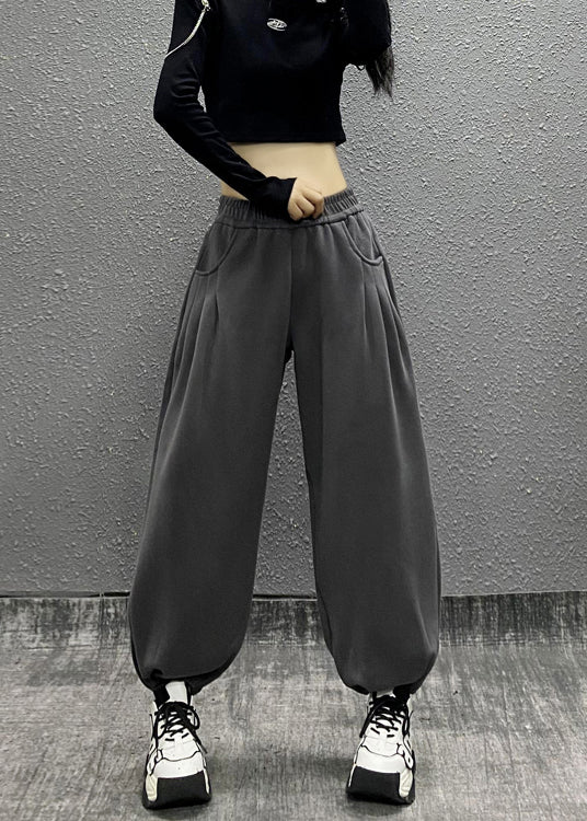 Casual Grey Pockets Elastic Waist Cotton Beam Pants Spring