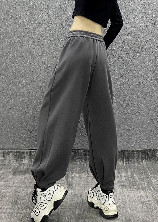 Casual Grey Pockets Elastic Waist Cotton Beam Pants Spring