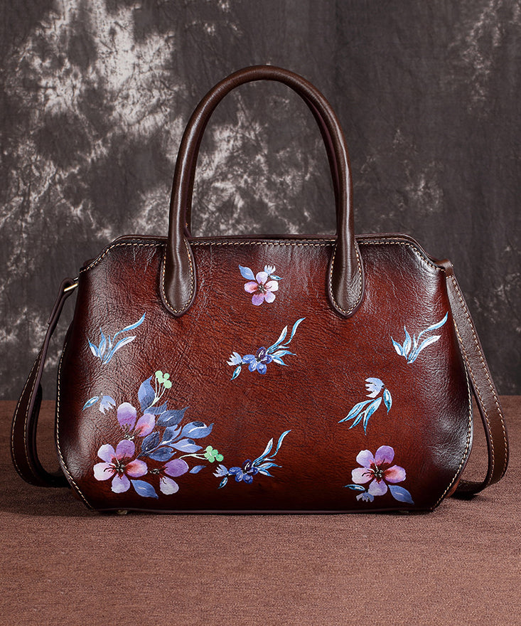 Casual Handmade Retro Coffee Floral Calf Leather Tote Handbag