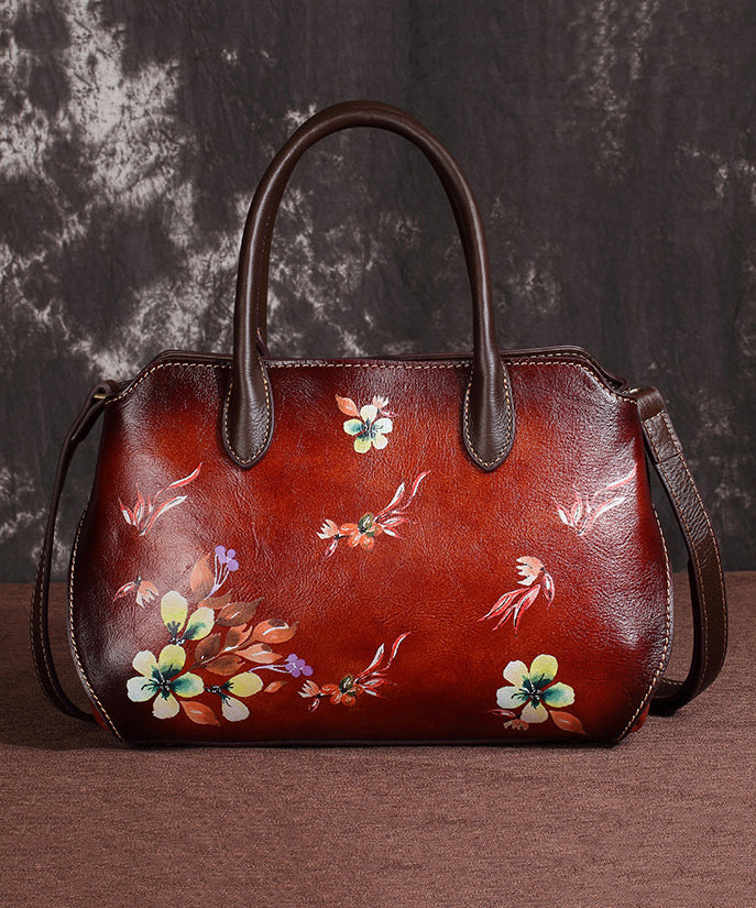 Casual Handmade Retro Coffee Floral Calf Leather Tote Handbag