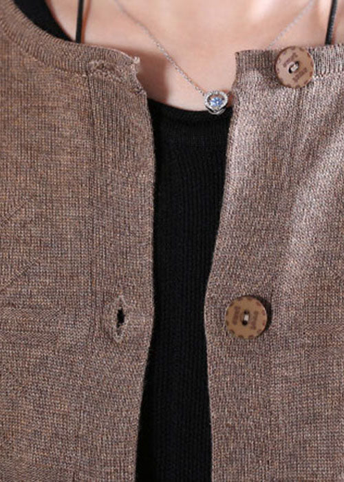 Casual Khaki Button Hollow Out Patchwork Knit Cardigan Spring