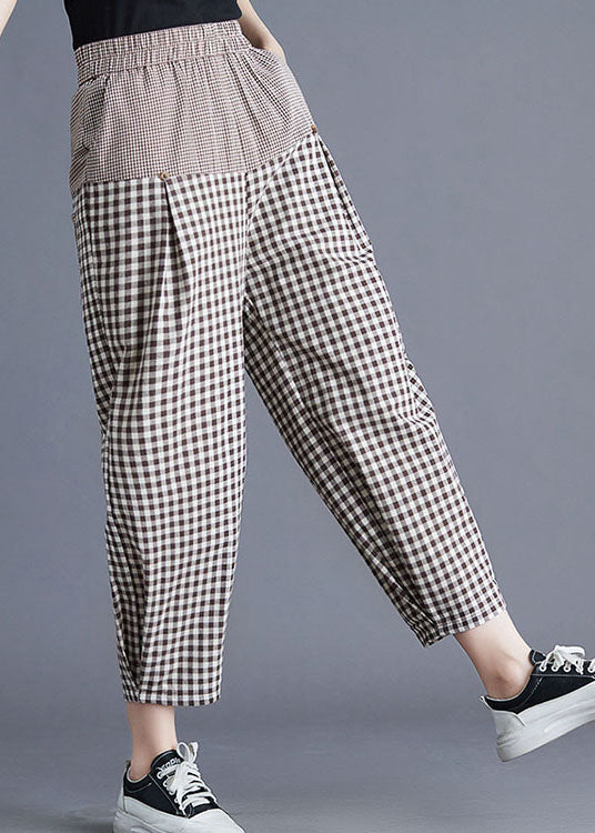 Casual Khaki Plaid Elastic Waist Patchwork Linen Harem Pants Summer