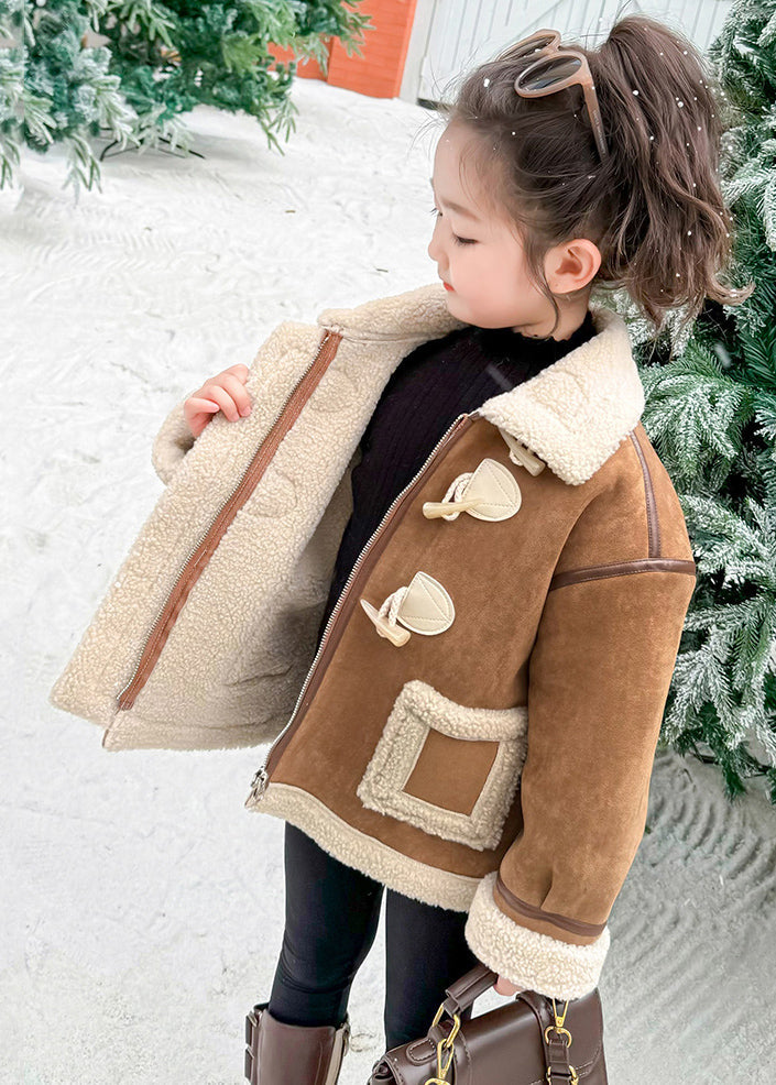 Casual Khaki Pockets Patchwork Thick Warm Fuzzy Wool Lined Girls Coats Winter