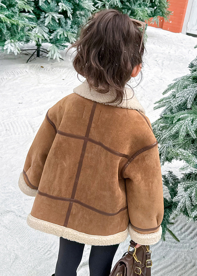 Casual Khaki Pockets Patchwork Thick Warm Fuzzy Wool Lined Girls Coats Winter