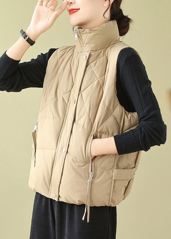 Casual Khaki Zip Up Patchwork Fine Cotton Filled Vest Sleeveless