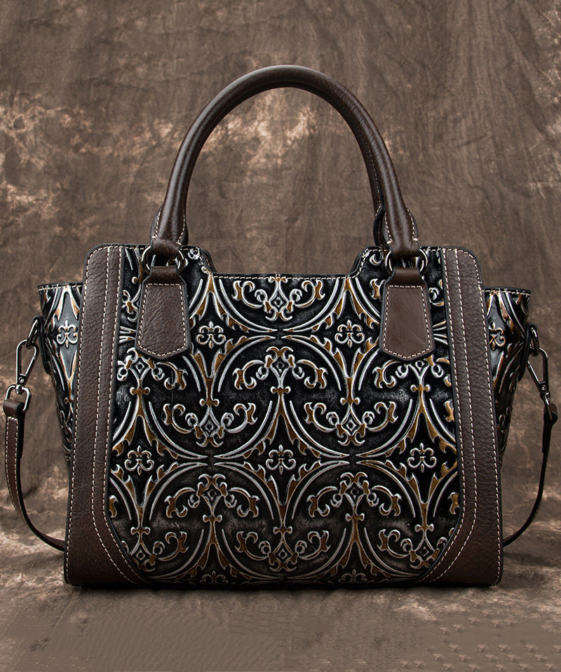 Casual Large Capacity Silver Embossed Calf Leather Tote Handbag