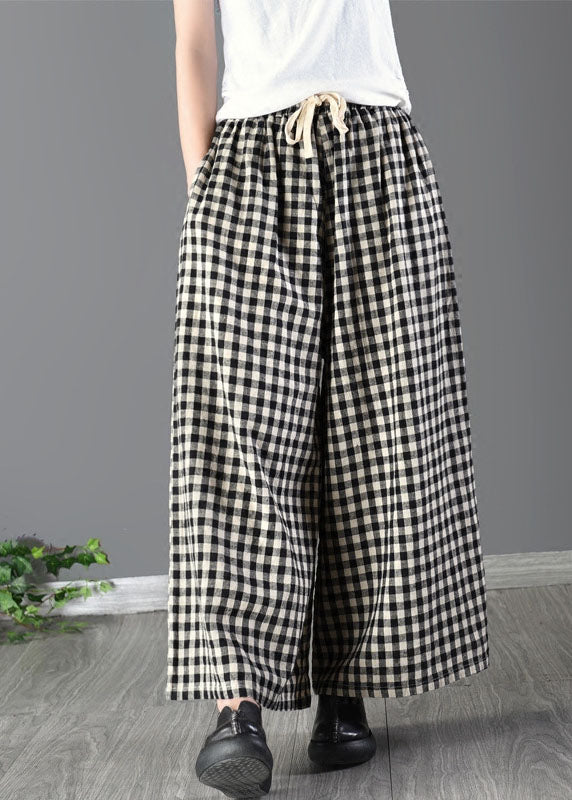 Casual Large Plaid Elastic Waist Linen Wide Leg Pants Summer