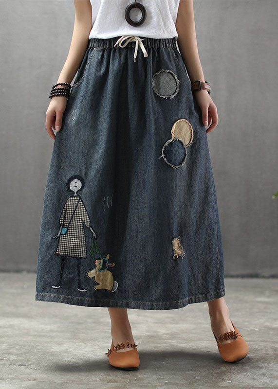 Casual Light Blue Elastic Waist Patchwork Cartoon Embroideried Tulle Denim Skirts Spring